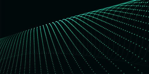 Poster - Abstract colorful digital particle wave. Futuristic dot wave. Technological background. Colorful music wave. Digital background with smooth wavy curves. 3D vector illustration