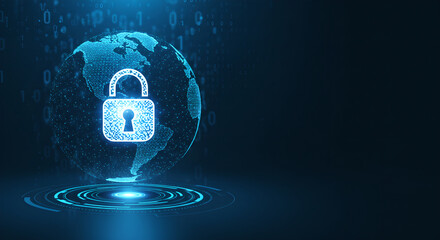 Poster - Global network security and data protection concept. Digital padlock on abstract earth hologram. Future technology and access control illustration. Design for banner with copy space