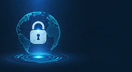 Poster - Digital globe with padlock symbol security concept. Abstract technology background with internet network connection lines. Futuristic design for cybersecurity data protection banner.