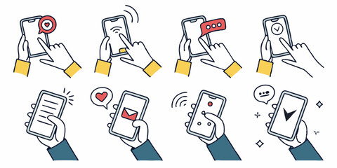 Set of Vector Illustrations Showing Hands Holding Smartphones with Various App Interactions