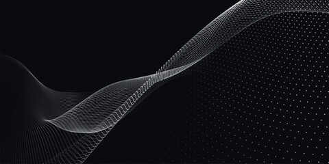 Poster - Futuristic dot wave. Abstract digital particle wave. Black and white music wave. Dark background. Digital background with smooth wavy curves. 3D vector illustration