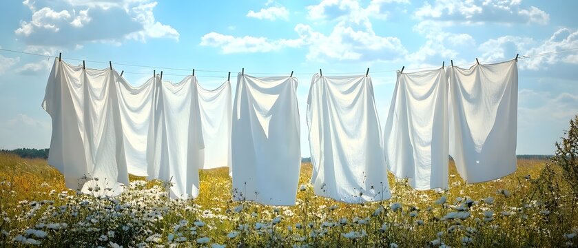 White sheets drying in summer field.