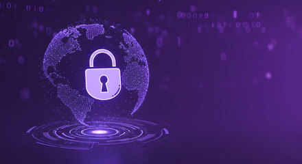 Poster - Earth globe hologram with digital lock. Global network cybersecurity concept. Data protection and internet security world technology background with copy space