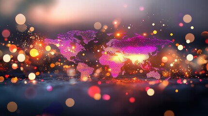 Poster - Abstract communication grid with global aircraft positions and neon-lit world map
