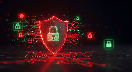 Poster - Cybersecurity concept with shield and lock icon on digital circuit board backdrop. Hologram of digital data protection for technology background.