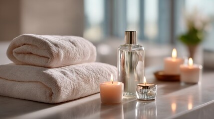 Poster - Soft white towels are neatly stacked next to elegant candles that flicker gently, creating a peaceful atmosphere. A fragrant bottle sits invitingly, enhancing the spa's tranquil vibe.