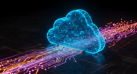 Poster - Blue glowing cloud technology concept with data connections on secure dark background. Futuristic digital network illustration for cybersecurity poster.