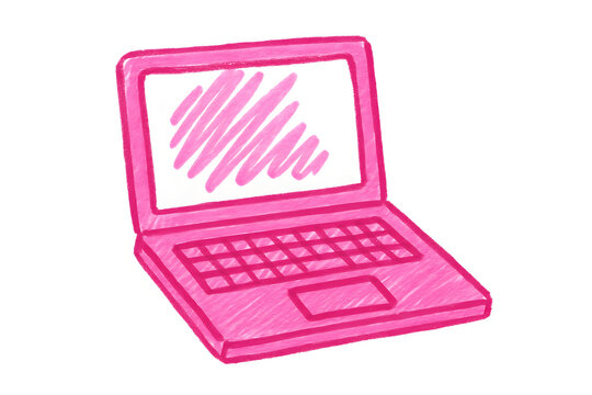 Laptop rosa desenhado com marcador em fundo branco, elemento de design moderno