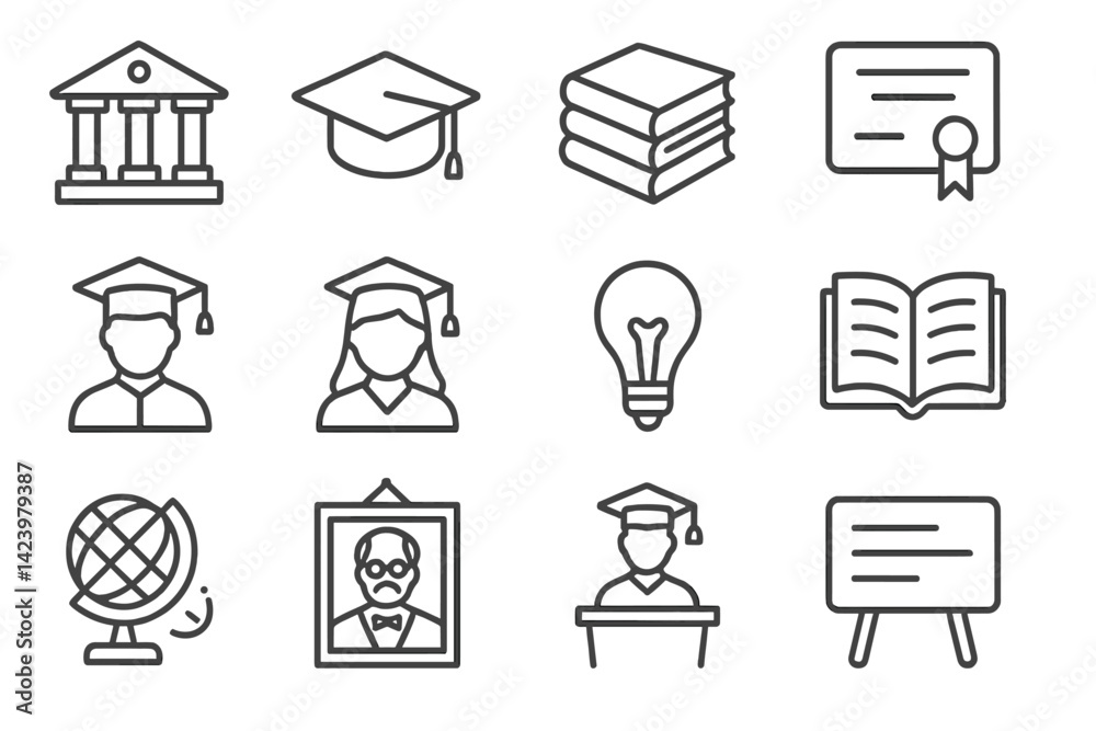 Educational icons representing learning, achievement, and knowledge ...