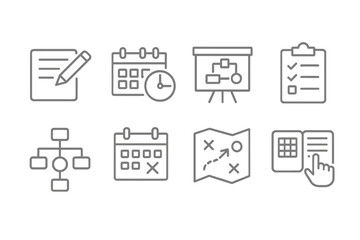 Poster - Vector line icons depicting planning and organization tools for project management, time management, and tracking tasks