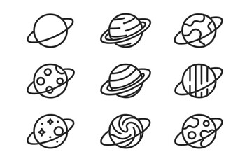 Poster - Collection of vector line icons depicting various planets in outer space with unique designs and features