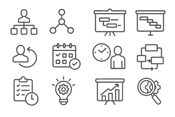 Poster - Vector line set icon collection representing business processes, planning, and time management concepts in a modern design