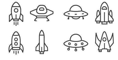 Poster - Collection of vector line icons depicting various spacecraft designs including rockets and UFOs for use in digital projects