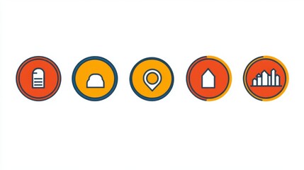 Poster - Five circular icons with pixel art style depicting ID card, house, location pin, home, and bar chart. Orange and dark blue color scheme.