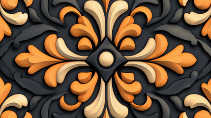 Aufkleber - Intricate Floral Design in Vibrant Orange and Cream on Dark Background for Elegant Decor