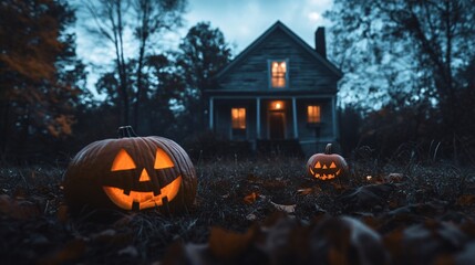 Aufkleber - Two carved pumpkins are glowing on the lawn in front of a spooky house at twilight