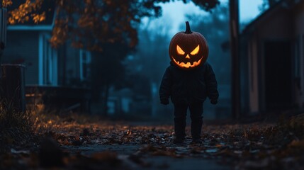 Aufkleber - Creepy kid with a carved pumpkin head strolling through a residential street at twilight
