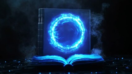 Poster - enchanted book emits glowing blue light in a mystical atmosphere with mist and sparkles effects