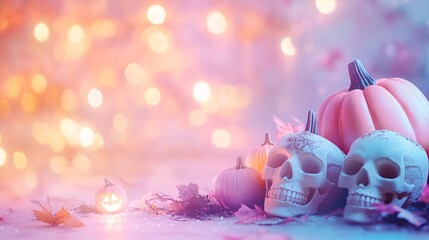 Aufkleber - Two halloween skulls and pumpkins sitting on a sparkling surface with a pink and blue bokeh background