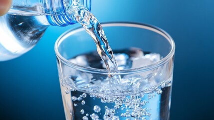 Aufkleber - Pouring water from a plastic bottle into a glass with ice against a blue backdrop