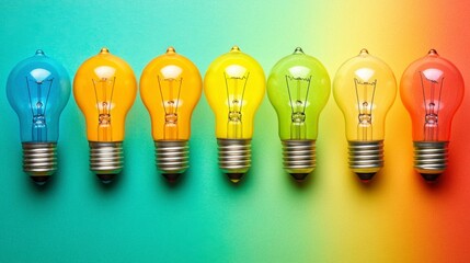 Poster - Seven colorful light bulbs arranged in a row against a rainbow colored background.