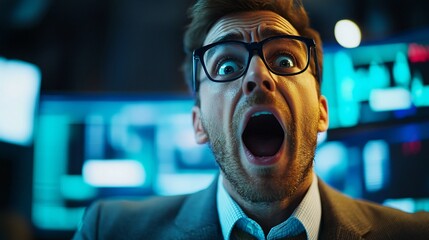Poster - Stock trader frantically reacts to his computer screens