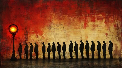 Poster - Silhouetted figures stand in a queue against a dark, textured background illuminated by a single lamppost. 