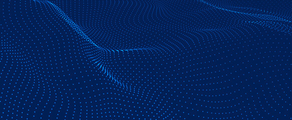 Poster - Futuristic dot wave. Abstract digital particle wave. Technology background. Colored musical wave. Dark background. Digital background with smooth, wavy curves. 3D rendering.