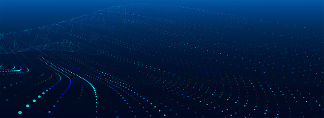 Poster - Futuristic dot wave. Abstract digital particle wave. Technology background. Colored musical wave. Dark background. Digital background with smooth, wavy curves. 3D rendering.