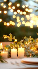Poster - Vertical video background with glowing candlelight, green leaves, and warm bokeh light creates romantic atmosphere