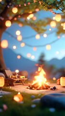 Poster - Vertical video background with glowing lanterns and cozy campfire under tree creates warm inviting outdoor evening scene