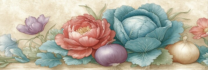 Poster - Vintage botanical poster featuring vibrant flowers and fresh vegetables with green foliage