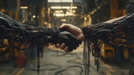 Poster - a human hand shakes a robotic hand, both covered in dark, tangled wires in a gritty industrial setti