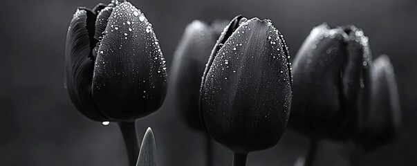 Poster - Gorgeous dark tulips adorned with raindrops are blooming in a garden