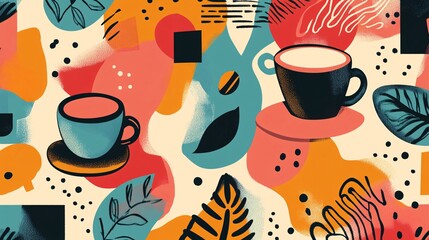 Poster - Seamless pattern with coffee cups and tropical leaves in a vibrant and playful retro style