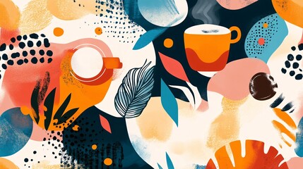 Aufkleber - Mid century modern style seamless pattern with coffee cups and organic shapes, ideal for backgrounds, fabric, and more