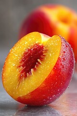 Aufkleber - Close up view of a freshly sliced peach showcasing vibrant colors and juicy texture
