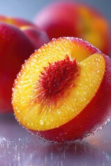 Poster - Freshly sliced peach revealing juicy interior and fuzzy texture with droplets of water