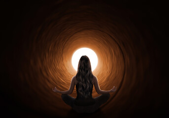 Wall Mural - silhouette of a woman meditating in a lotus position in a tunnel of light