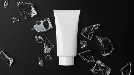 Poster - Dramatic Contrast, A white cream tube surrounded by shards of glass on a dark backdrop, creating an edgy and intense visual narrative of fragility and strength.