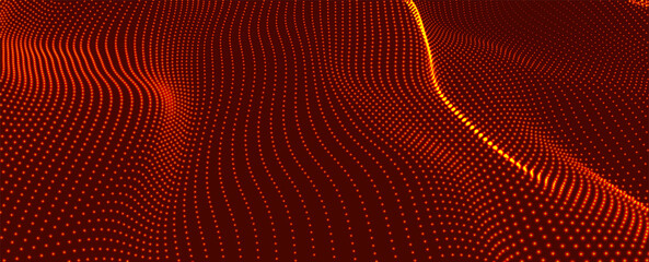 Aufkleber - Futuristic dot wave. Abstract digital particle wave. Technology background. Colored musical wave. Dark background. Digital background with smooth, wavy curves. 3D rendering.