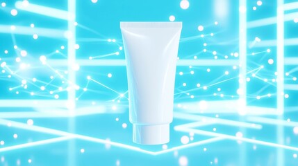 Poster - Floating white cream tube, suspended against a tech-inspired blue grid, illuminated by glowing data lines and particles, creating a futuristic ambiance.