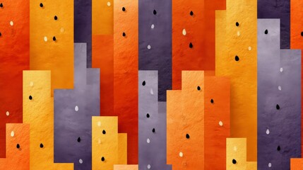Poster - Urban Symphony: A vibrant, abstract cityscape, rendered in a rich palette of oranges, yellows, and purples, evokes the energy and rhythm of a bustling metropolis.