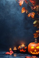 Poster - Halloween pumpkins and glowing candles set against a dark blue backdrop with autumn foliage