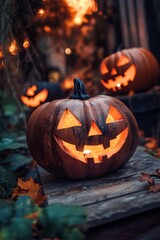 Poster - Halloween pumpkin glowing on a wooden porch with other pumpkins glowing in the background
