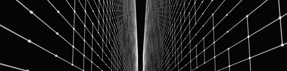Poster - Futuristic black and white perspective grid. Abstract wireframe with white grid on black background. Virtual landscape in digital style of 80s 90s. Simple perspective grid for design. 3D rendering