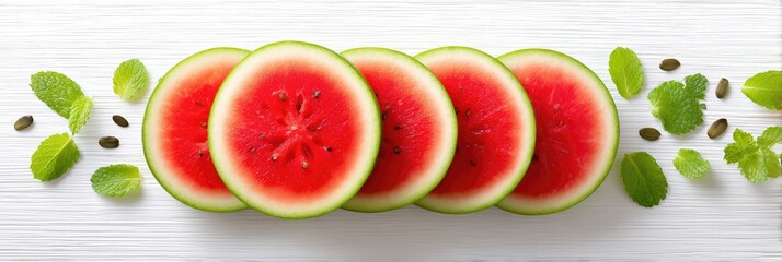 Poster - Sliced watermelon arranged in a sunburst pattern with mint leaves and seeds on a bright day