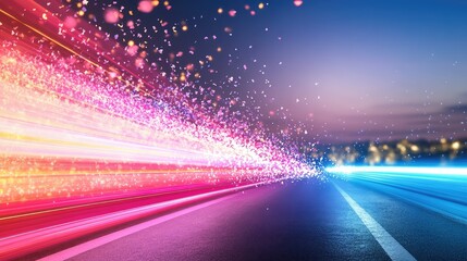 Poster - Acceleration concept with glowing blue and red laser beams streaking on road at night