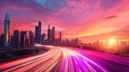 Poster - Futuristic speed burst on city highway with laser trails and motion glow