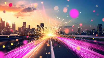 Poster - Futuristic speed burst on city highway with laser trails and motion glow